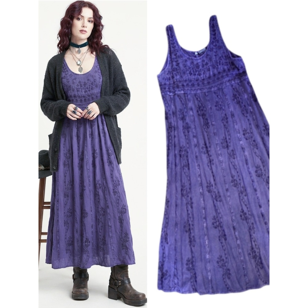 VTG 90s Purple Embroidered Sleeveless Tie Back Maxi Dress Large Boho Whimsigoth